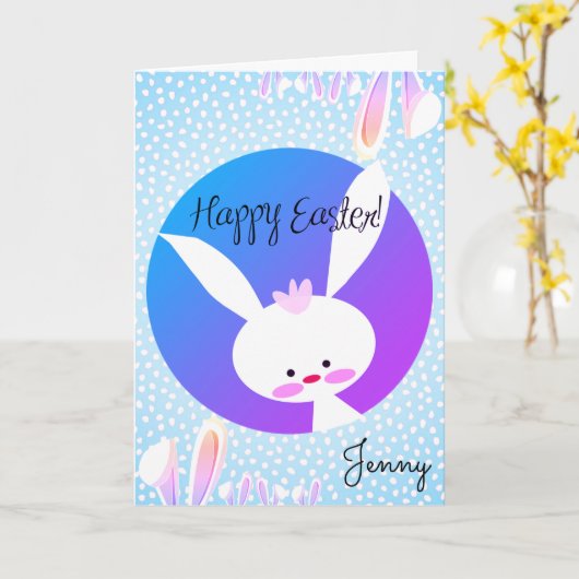 Aangepaste Naam HAPPY EASTER Schattige Bunny Blue Kaart (Gele Bloem)