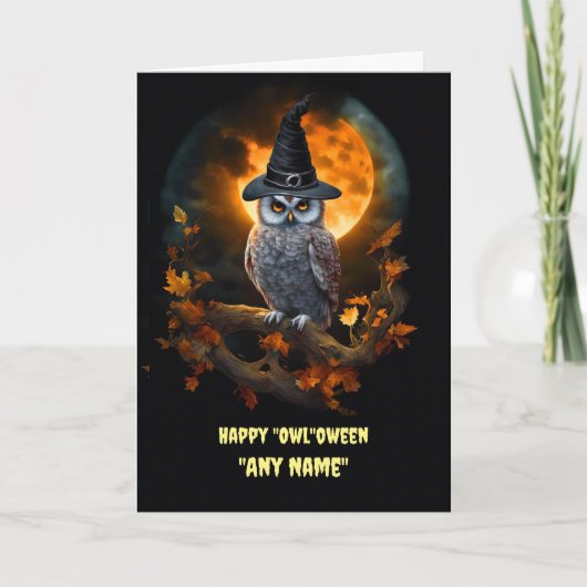 Aangepaste Naam Happy Halloween met Schattigee Uil Kaart (Voorkant)