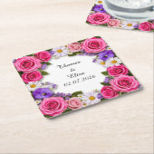 Aangepaste naam helder bloemrozen frame tafel deco kartonnen onderzetters (Schuin)