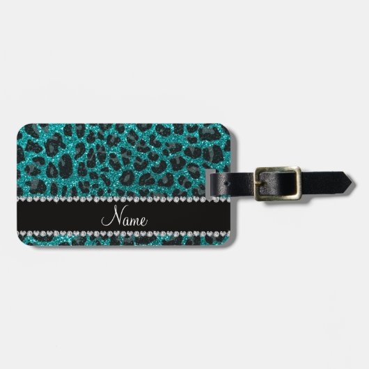 Aangepaste naam heldere aqua glitter leopard print bagagelabel (Voorkant horizontaal)