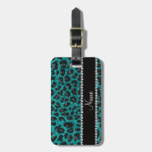 Aangepaste naam heldere aqua glitter leopard print bagagelabel (Voorkant verticaal)