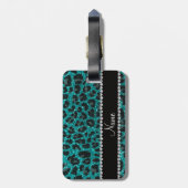 Aangepaste naam heldere aqua glitter leopard print bagagelabel (Achterkant verticaal)