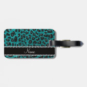Aangepaste naam heldere aqua glitter leopard print bagagelabel (Achterkant horizontaal)