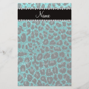 Aangepaste naam heldere aqua glitter leopard print briefpapier