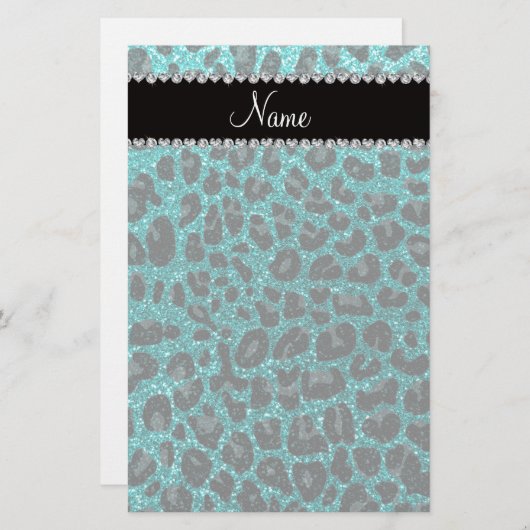 Aangepaste naam heldere aqua glitter leopard print briefpapier (Voorkant / Achterkant)