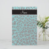 Aangepaste naam heldere aqua glitter leopard print briefpapier (Staand voorkant)