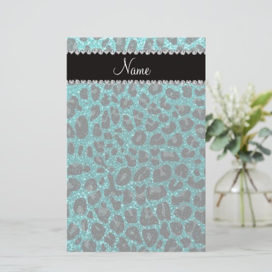 Aangepaste naam heldere aqua glitter leopard print briefpapier (Staand voorkant)
