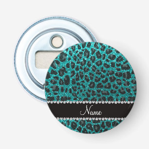 Aangepaste naam heldere aqua glitter leopard print button flesopener