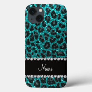 Aangepaste naam heldere aqua glitter leopard print iPhone 13 hoesje