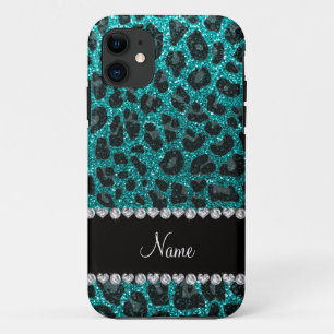 Aangepaste naam heldere aqua glitter leopard print Case-Mate iPhone case