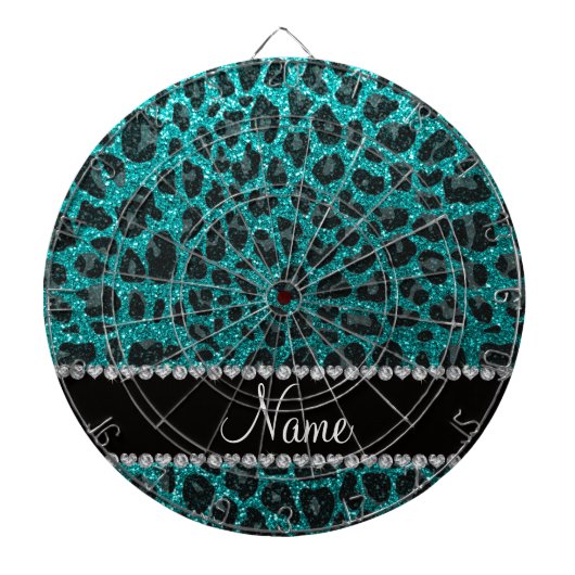 Aangepaste naam heldere aqua glitter leopard print dartbord (Voorkant)