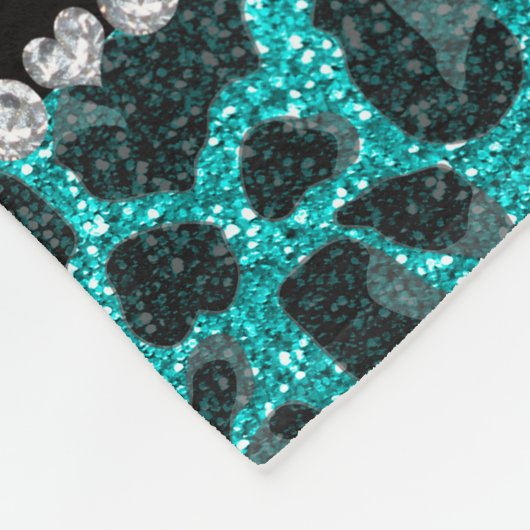Aangepaste naam heldere aqua glitter leopard print fleece deken (Hoek)