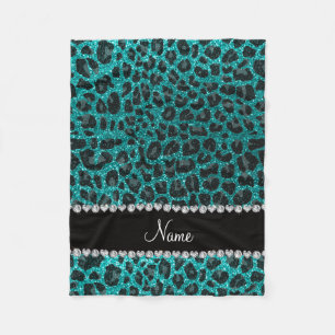 Aangepaste naam heldere aqua glitter leopard print fleece deken