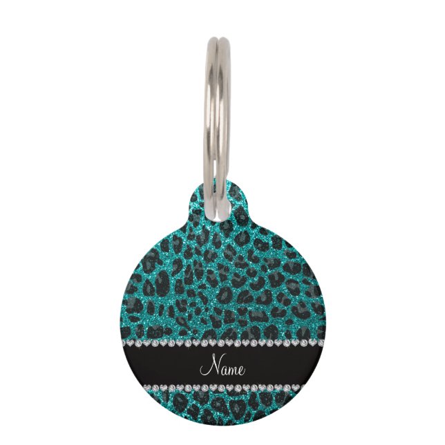 Aangepaste naam heldere aqua glitter leopard print huisdierpenning (Voorkant)