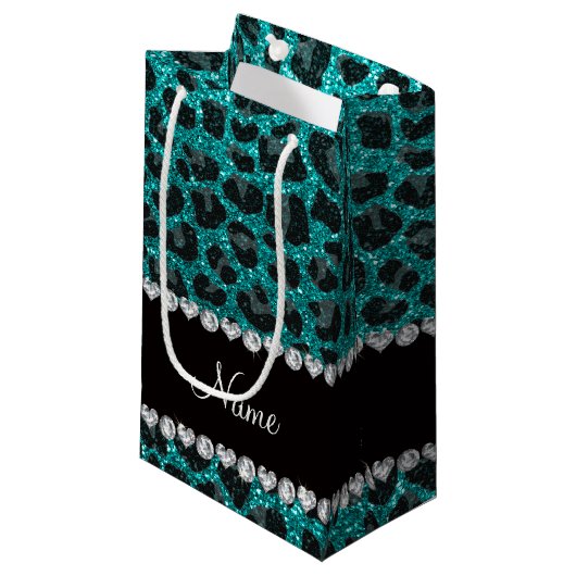 Aangepaste naam heldere aqua glitter leopard print klein cadeauzakje (Voorkant Gekanteld)