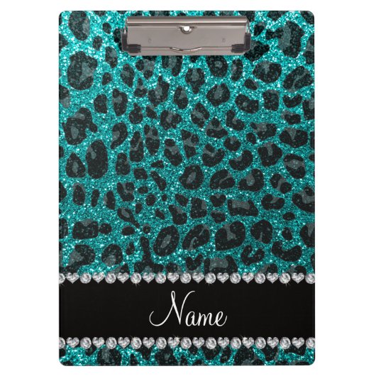 Aangepaste naam heldere aqua glitter leopard print klembord (Voorkant)