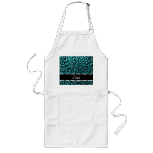 Aangepaste naam heldere aqua glitter leopard print lang schort (Voorkant)