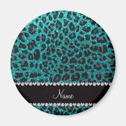 Aangepaste naam heldere aqua glitter leopard print magneet (Voorkant)