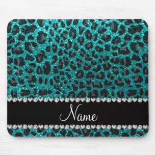 Aangepaste naam heldere aqua glitter leopard print muismat