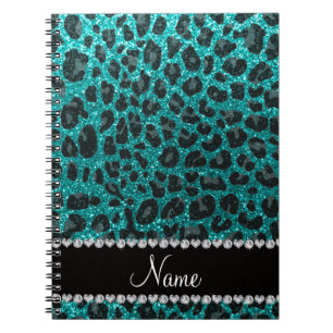 Aangepaste naam heldere aqua glitter leopard print notitieboek