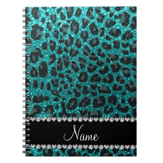 Aangepaste naam heldere aqua glitter leopard print notitieboek (Voorkant)