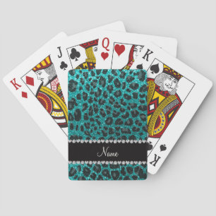 Aangepaste naam heldere aqua glitter leopard print pokerkaarten