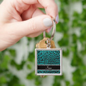 Aangepaste naam heldere aqua glitter leopard print sleutelhanger (Hand)
