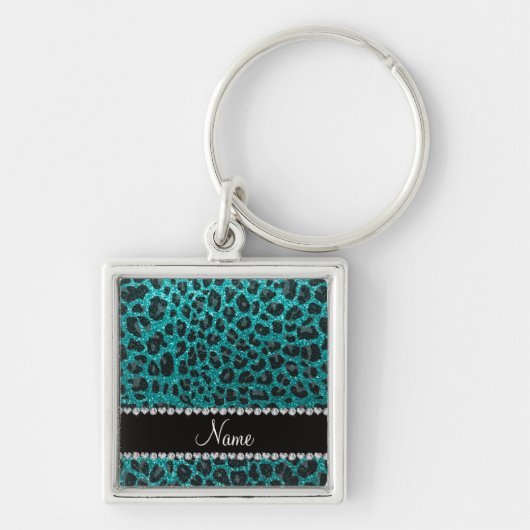 Aangepaste naam heldere aqua glitter leopard print sleutelhanger (Voorkant)