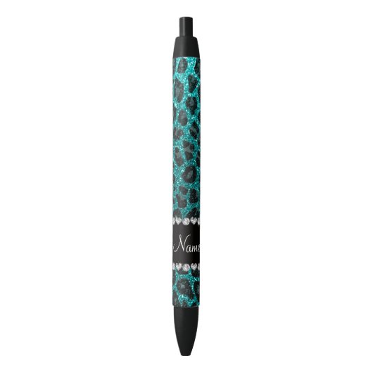 Aangepaste naam heldere aqua glitter leopard print zwarte inkt pen (Voorkant Verticaal)