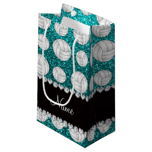 Aangepaste naam heldere aqua glitter volleyballen klein cadeauzakje (Voorkant Gekanteld)