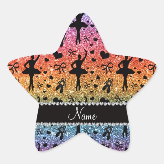 Aangepaste naam heldere regenbooglitter ballerinas ster sticker (Voorkant)