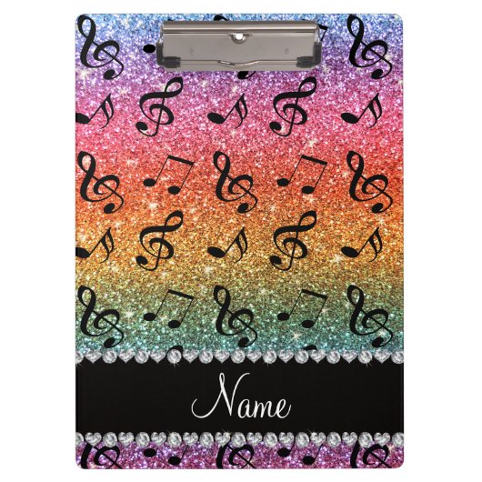 Aangepaste naam heldere regenbooglitter-muzieknote klembord (Voorkant)