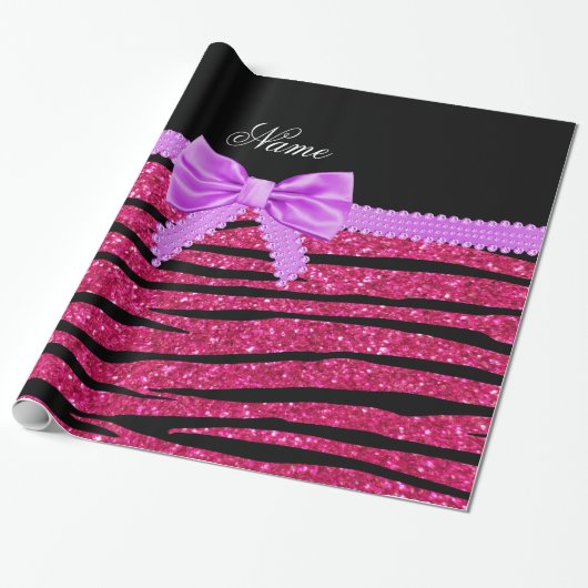Aangepaste naam hete roze glitterzebrastriboog cadeaupapier (Uitgerold)