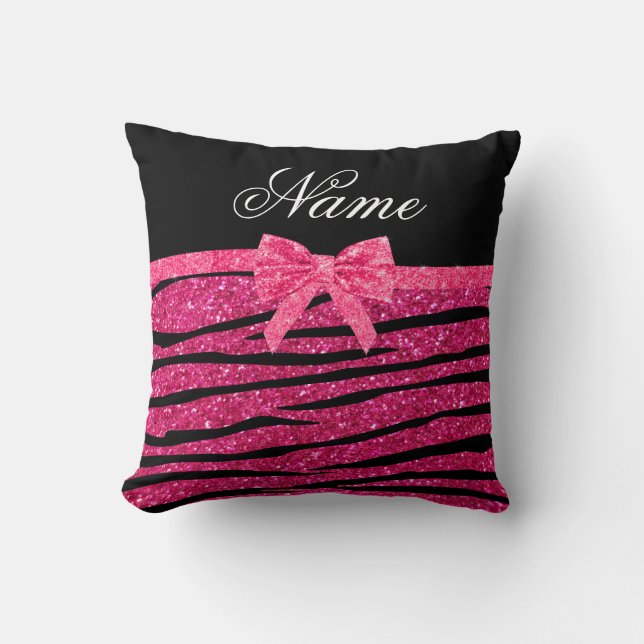 Aangepaste naam hete roze glitterzebrastriboog kussen (Voorkant)