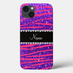 Aangepaste naam hete roze zebrastrepen paarse glit iPhone 13 hoesje