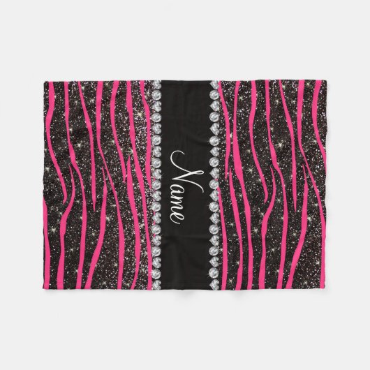 Aangepaste naam hete roze zebrastrepen zwarte glit fleece deken (Voorkant (Horizontaal))