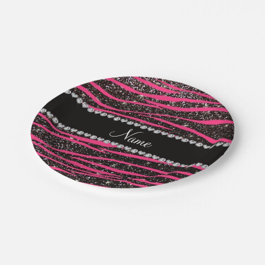 Aangepaste naam hete roze zebrastrepen zwarte glit papieren bordje (Gekanteld)