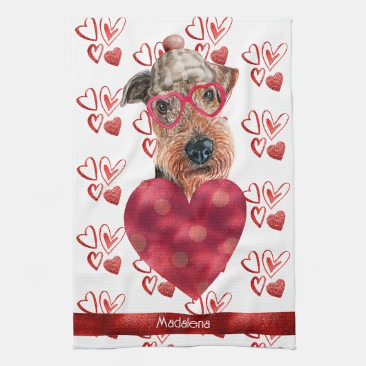 Aangepaste naam Hond Liefhebber Valentijnsdag Cade Theedoek (Verticaal)