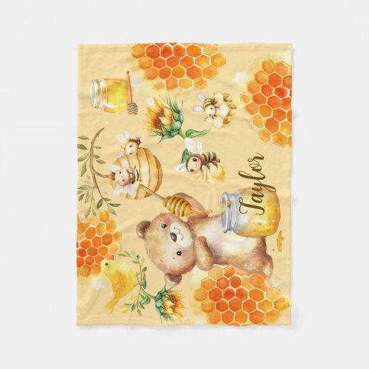 Aangepaste Naam Honing Beer Bijen Kinder Fleece Deken (Voorkant)