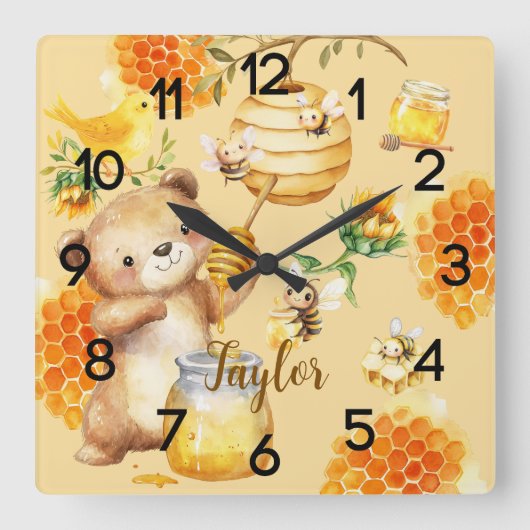 Aangepaste Naam Honing Beer Bijen Vierkante Klok (Voorkant)