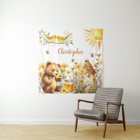 Aangepaste Naam Honingbijen Teddy Bear Achtergrond Wandkleed (In situ)