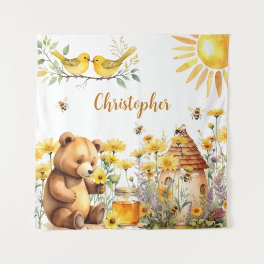 Aangepaste Naam Honingbijen Teddy Bear Achtergrond Wandkleed (Voorkant)