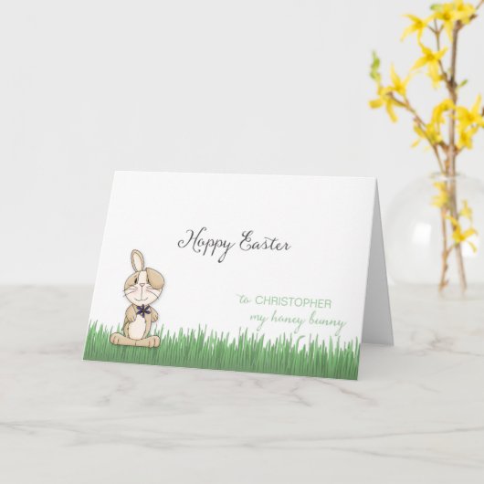 aangepaste naam Hoppy Easter Honey Bunny Kaart (Gele Bloem)