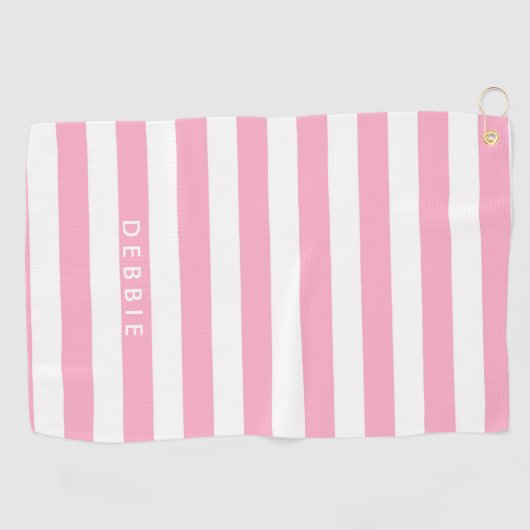 Aangepaste naam horizontale strepen roze & wit golfhanddoek (Horizontaal)