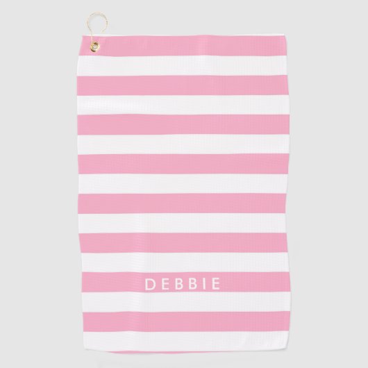 Aangepaste naam horizontale strepen roze & wit golfhanddoek (Voorkant)