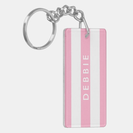 Aangepaste naam horizontale strepen roze & wit sleutelhanger (Voorkant Links)