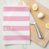 Aangepaste naam horizontale strepen roze & wit theedoek (Quarter Fold)