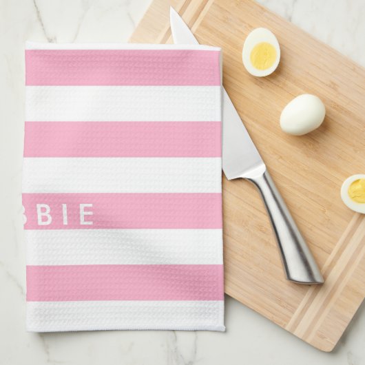 Aangepaste naam horizontale strepen roze & wit theedoek (Quarter Fold)