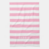 Aangepaste naam horizontale strepen roze & wit theedoek (Verticaal)