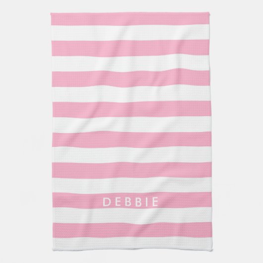Aangepaste naam horizontale strepen roze & wit theedoek (Verticaal)